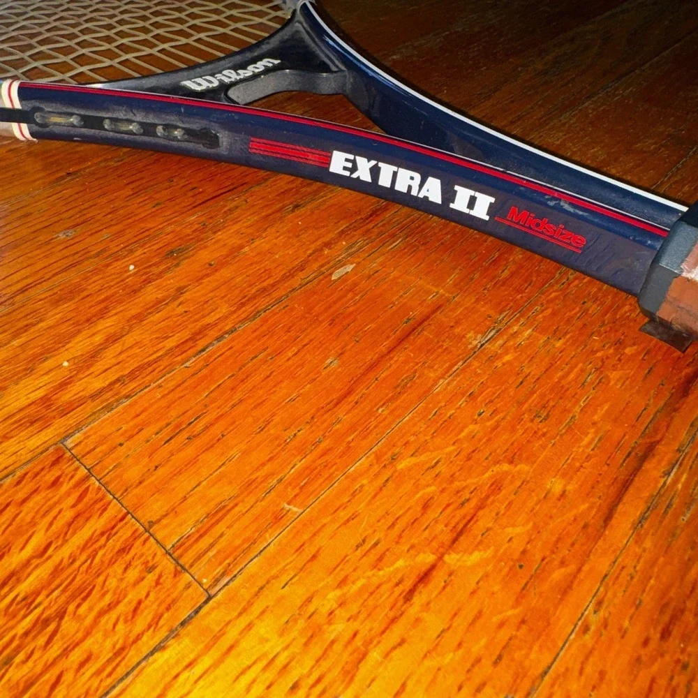 Wilson Extra II Midsize Tennis Racquet Navy Blue Red 4 3/8 Grip Leather Vintage‎